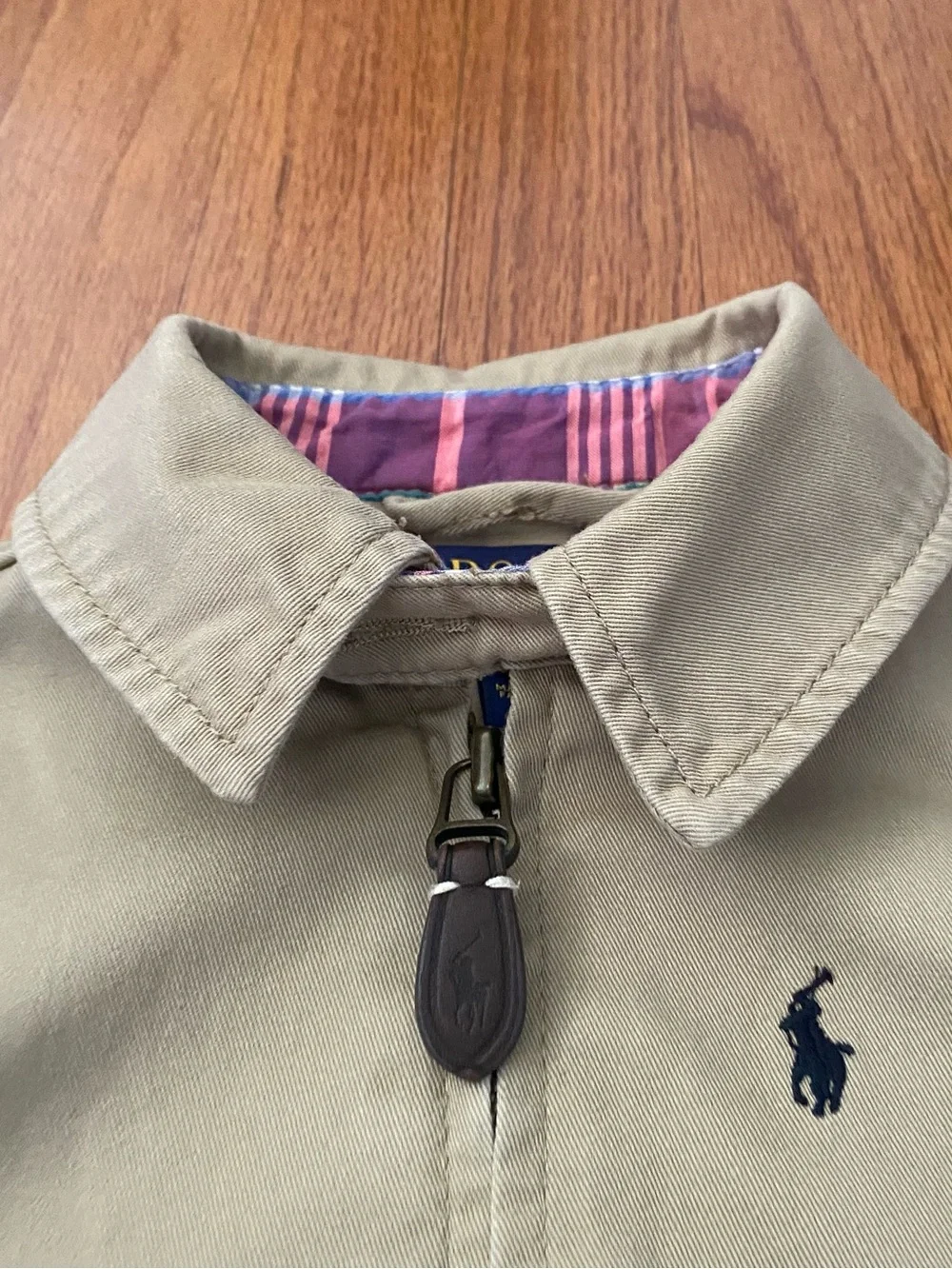 Polo Ralph Lauren Harrington Khaki Zip Jacket with Classic Plaid Trim